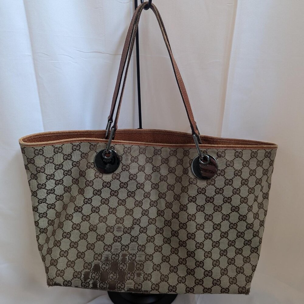 Gucci GG Canvas with Tan Leather Straps and Trim Tote